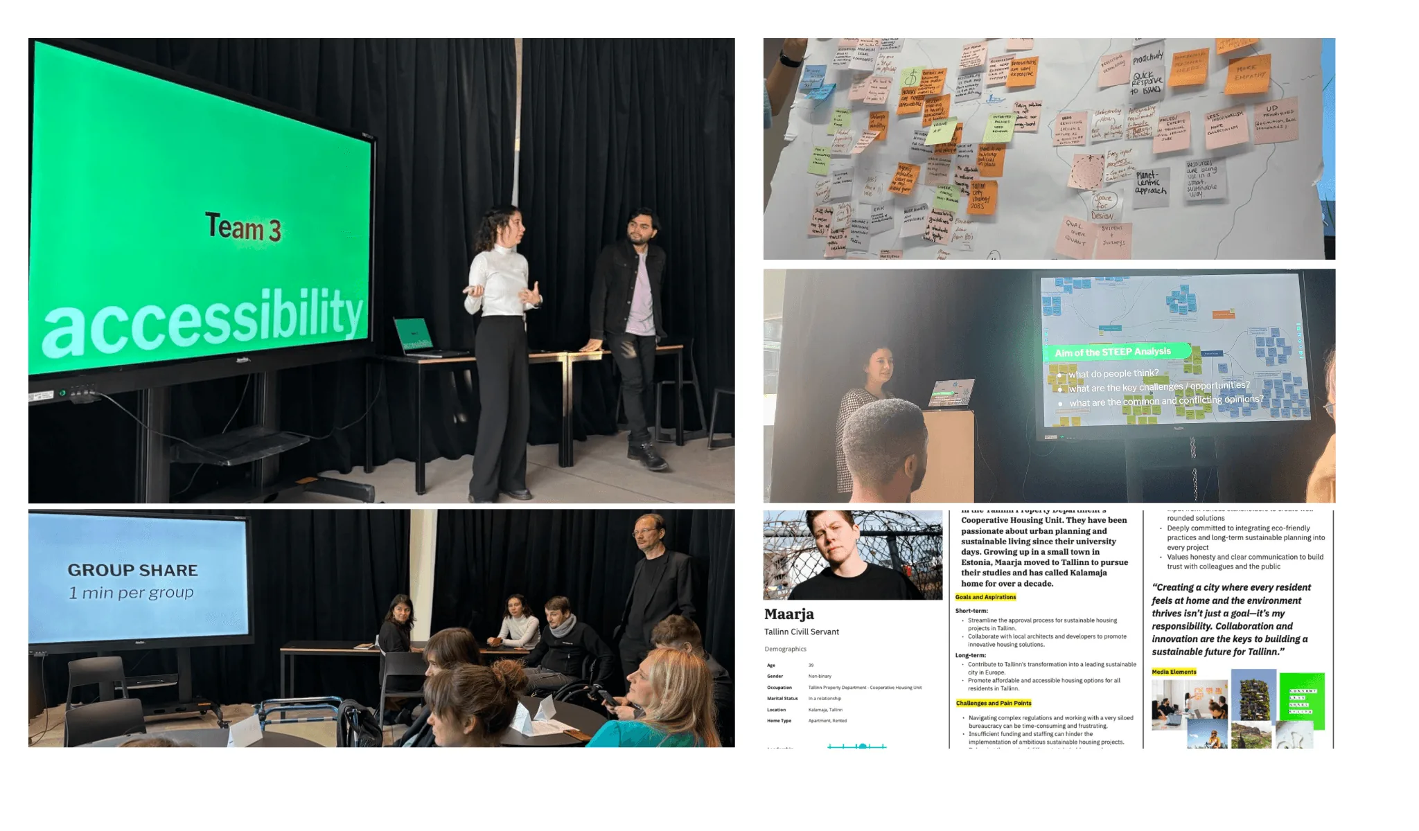 Team presentations and group workshops with stakeholders, plus a stakeholder profile