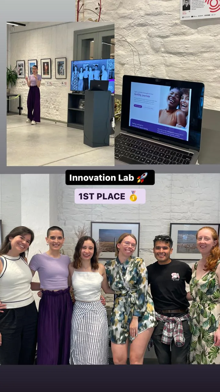 The team celebrating first place at Innovation Lab, with the BloomGuard landing page on a laptop