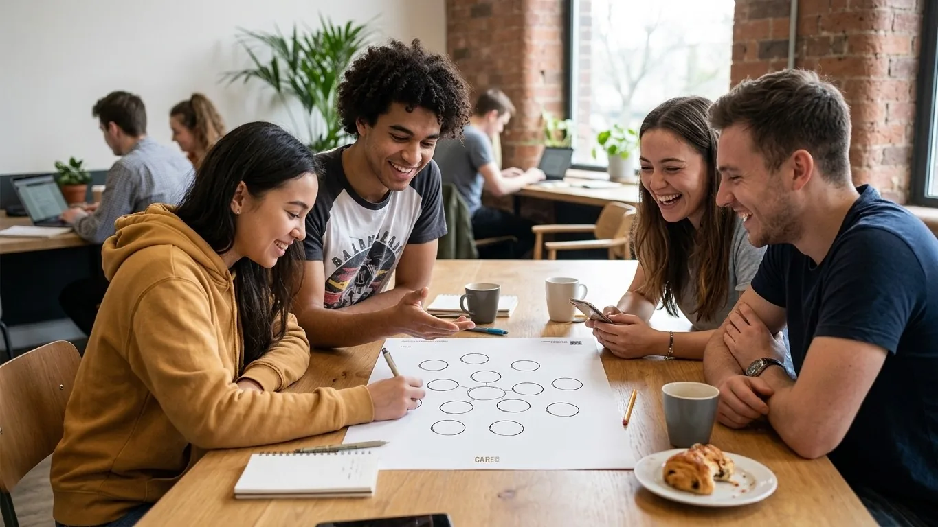 Four young people around a café table working on a printed diary exercise
