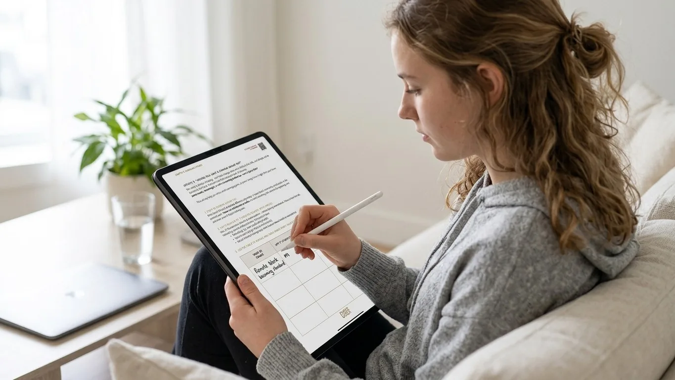 A young woman filling in a digital version of the diary on a tablet
