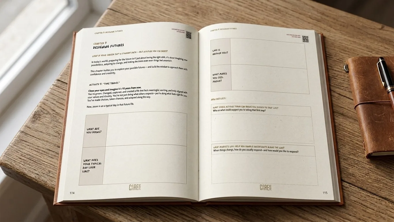 The printed diary open on a wooden table, showing the Futures chapter