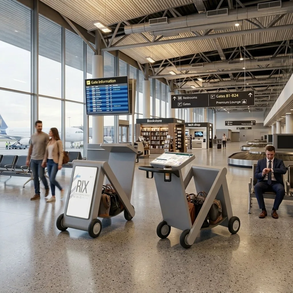Rendering of the PowerCart in the RIX departure hall, with a screen, charging and luggage space