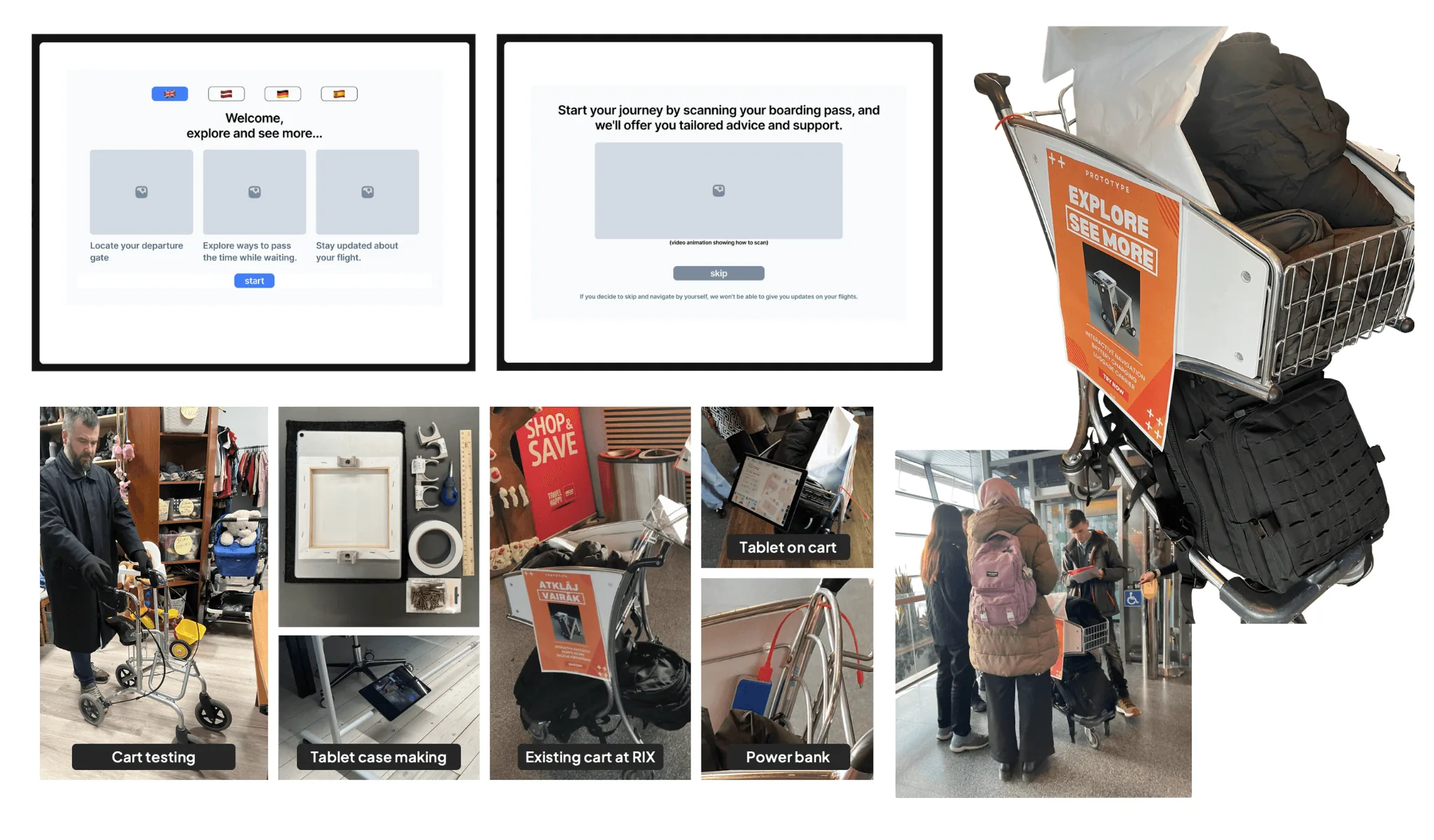 Prototyping the cart: wireframes, cart testing, tablet case making, the existing RIX cart and the power bank